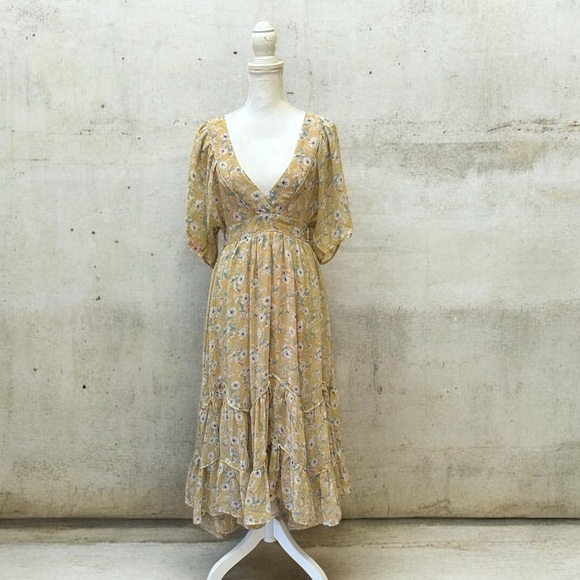 Storia Clarity Tiered Ruffle Floral Cottage Core Washed Yellow Maxi Dress Med - Picture 2 of 16